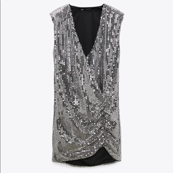 ZARA BLOGGER FAVORITE DRAPED SEQUIN DRESS SILVER - Picture 13 of 16